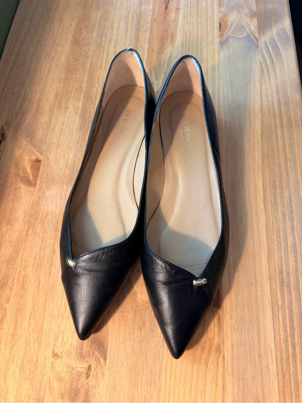 LK Bennett Black Pointed-Toe Leather Flats with Gold Accent - Picture 2 of 5